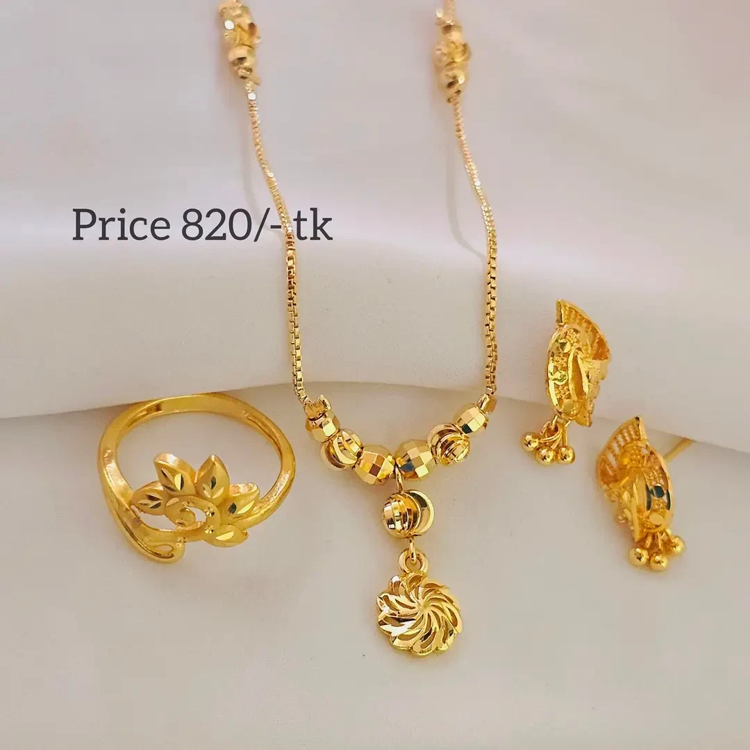 Women Wedding Golden Tone Necklace Earrings Bracelet Ring Jewelry Set