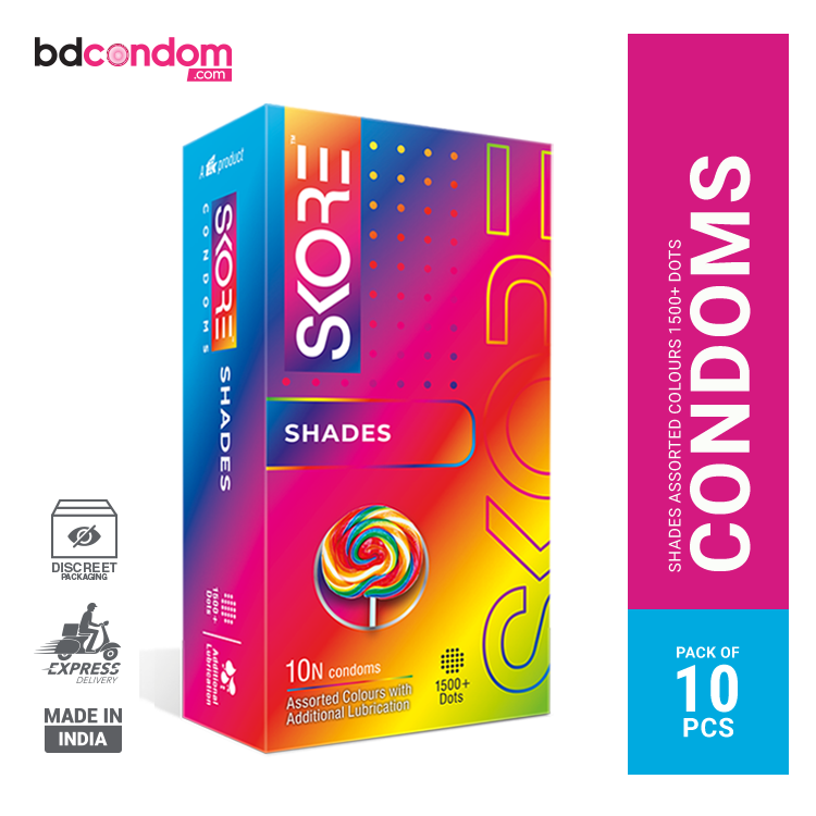 Skore Shades Assorted Colours With Lubricant 1500+ Dotted Condom - 10Pcs Pack(India)