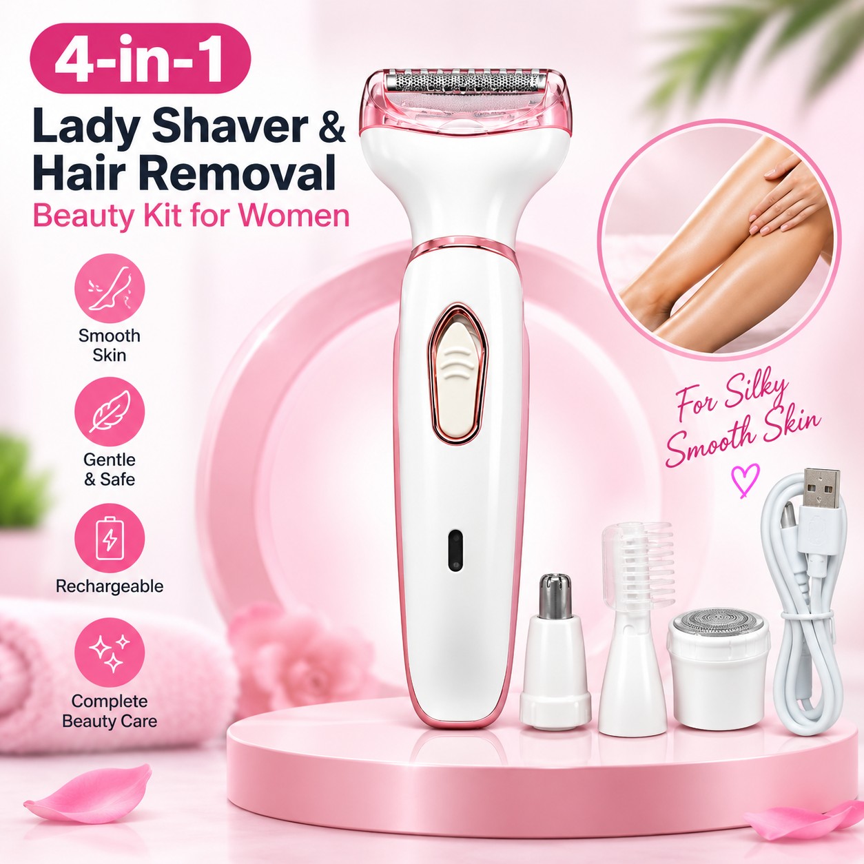 4-in-1 Rechargeable Lady Shaver & Hair Removal Beauty Kit – Painless Electric Razor, Eyebrow, Nose & Body Hair Trimmer with USB Charging & Portable Rose Gold Design