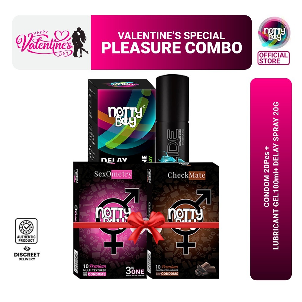 NottyBoy Valentine's Special Pleasure Combo Pack - Nottyboy Delay Spray 20g + Nottyboy Slide Lubricant Gel 100ml + Nottyboy Condom 3in1 10Pcs, Chocolate 10Pcs