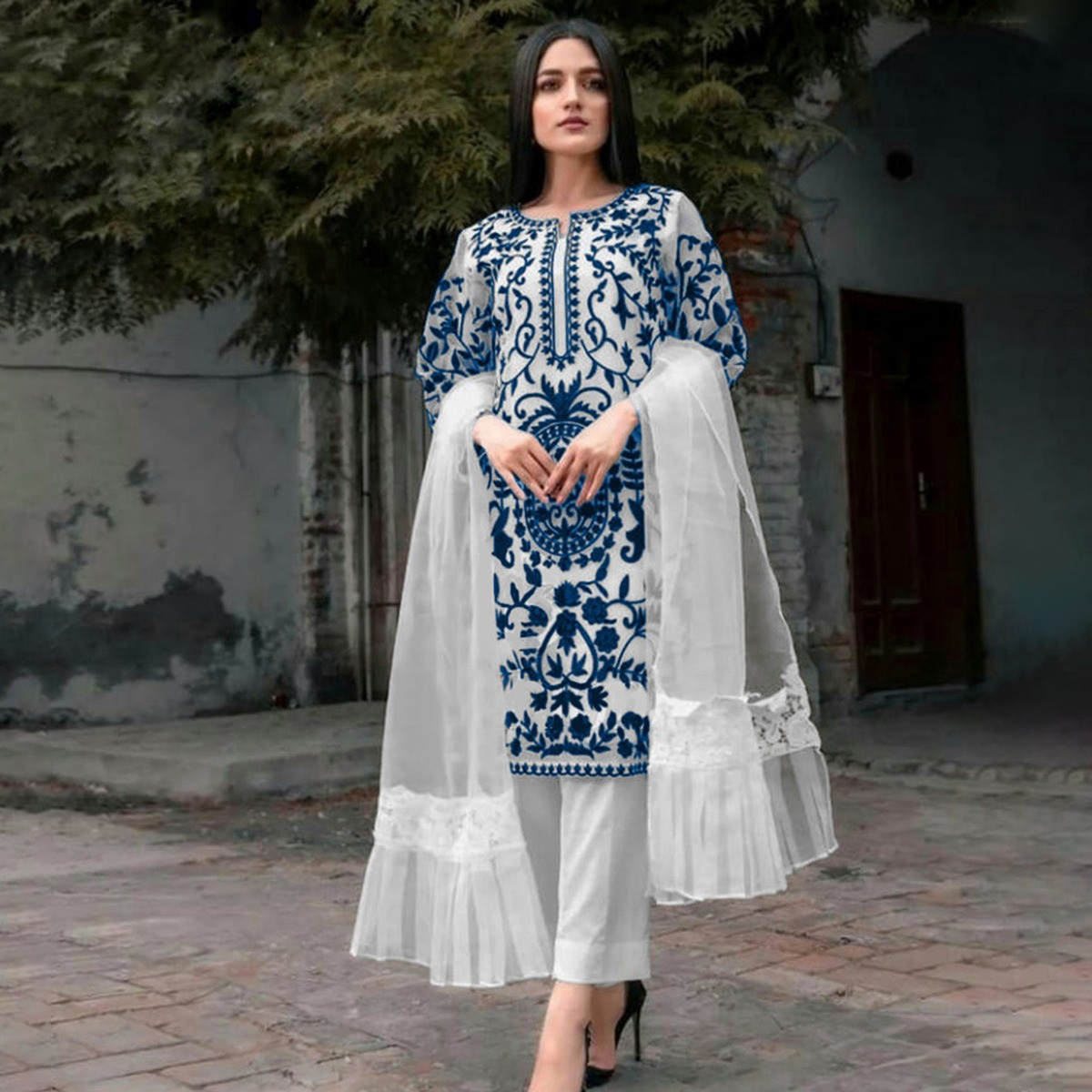 Semi-Stitched Organza Embroidered Three Piece