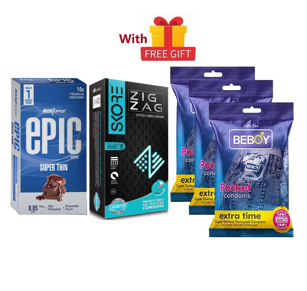 Manforce SafeChoice Combo = 29 Pcs Condom + Manforce Epic Super Thin 10s + Skore Zig Zag 10s + Beboy Big Dotted Paan 9s+ Free Gift