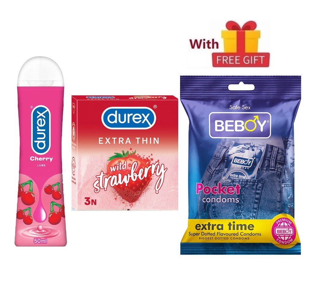 Durex Fruitfill Combo = 3Pcs Condom + Durex Cherry Lube Gel + Durex Extra Thin Strawberry Condom 3s + With Free Gift Beboy Condom 3s