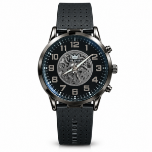 Olevs Men’s Skeleton Dial Sports Wristwatch – Bold Dark Metallic Luxury Timepiece with Perforated Black Silicone Strap, Chronograph-Style Push Buttons & Premium Casual Design