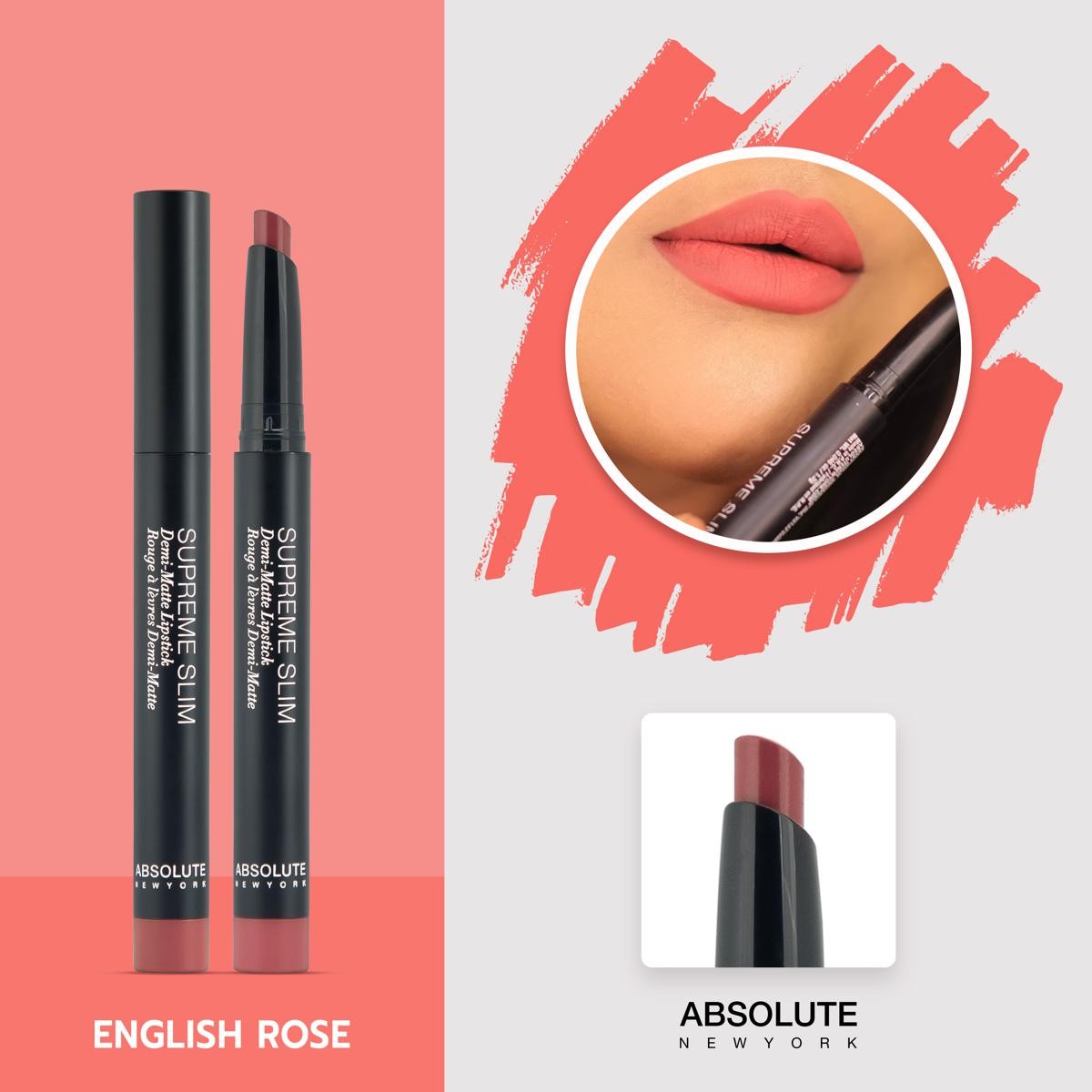 Absolute New York Supreme Slim Demi Matte Lipstick - English Rose - MLSS53 - 1.3gm