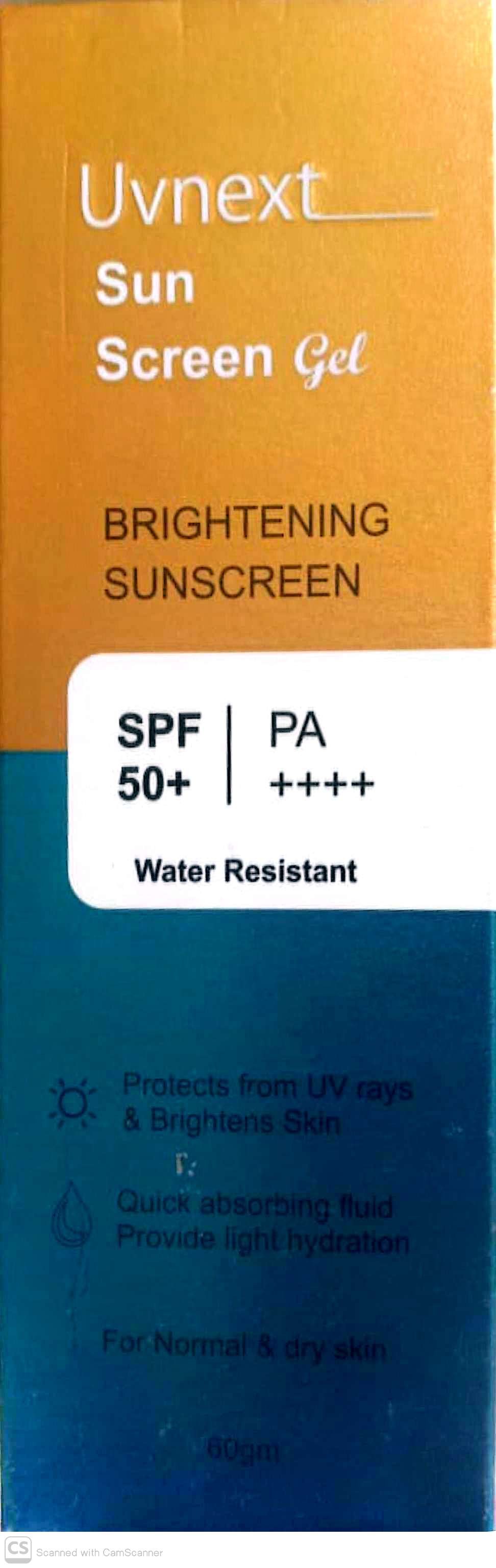 Uvnext Sun Screen Gel BRIGHTENING SUNSCREEN SPF 50+ PA Water Resistant Protects from UV rays & Brightens Skin 3 Quick absorbing fluid Provide light hydration For Normal & dry skin