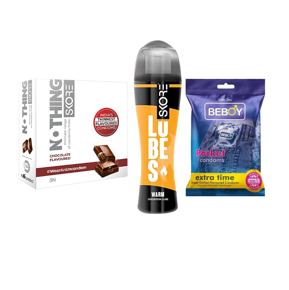Skore Warm Combo = 6Pcs Condom + Skore Warm Lube Gel 60ml + Skore Nothing Chocolate 3s + Beboy Extra Time 3s