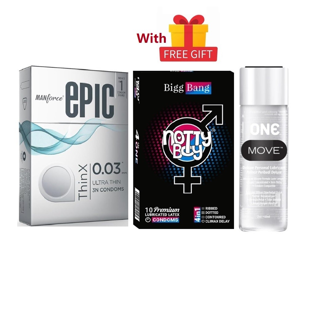 Manforce Shake Up Combo = 13Pcs Condom + Manforce Epic Thinx 003mm 3s + NottyBoy BiggBang 4in1 Ribbed, Climax Delay, Dots & Contour 10s + One Move Deluxe Lubricant Lube Gel 60ml + Free Gift