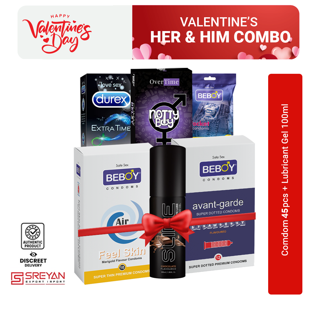 Valentine's Him & Her Combo - Condom - Lubricant Gel - Multi-Variant - Nottyboy Over Time 10s + Beboy Extra Thin & Dot 25Pcs + Durex Extra Time 10s + Nottyboy Chocolate 100ml Lube Gel 1PCS